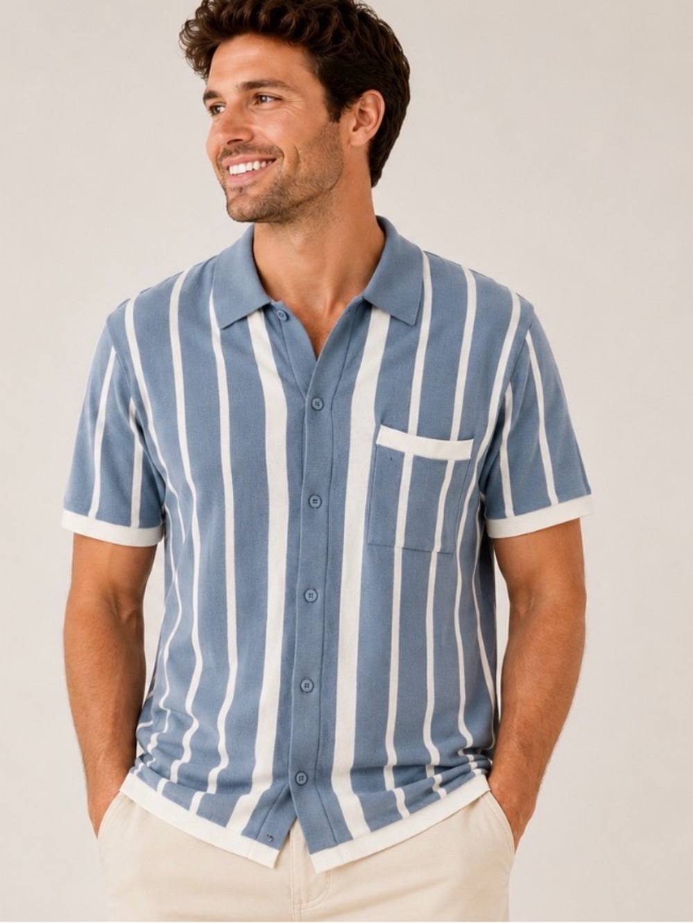 PJ Paul Jones Knit Camp Collar Shirt Men’s XL Blue White Striped Retro Resort